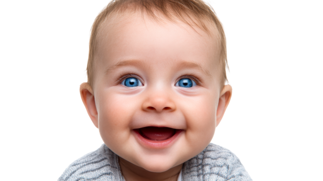 Adorable baby with bright blue eyes smiling wide with an open mouth, cut out transparent