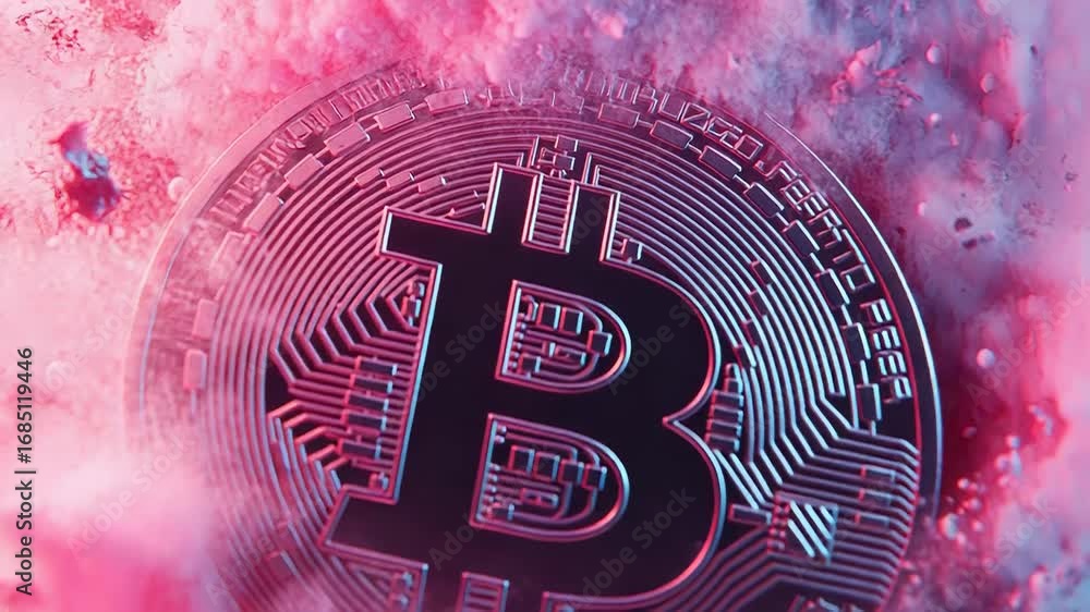 Poster bitcoin cryptocurrency coin exploding in colorful smoke and dust