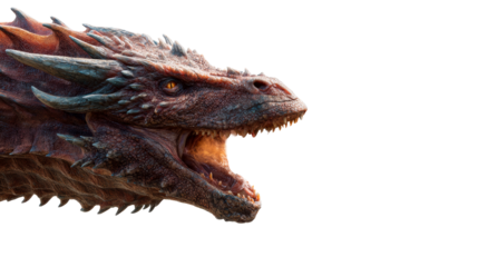 Detailed close-up of a red dragon head with open mouth exhaling fire and smoke against white background, cut out transparent