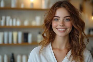 Happy woman enjoying her time in a modern beauty salon with a welcoming atmosphere