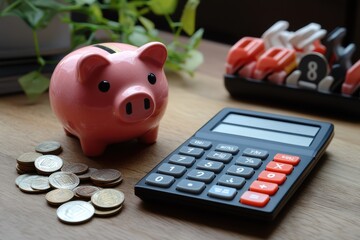 Investing in retirement with a piggy bank and calculator on a wooden table