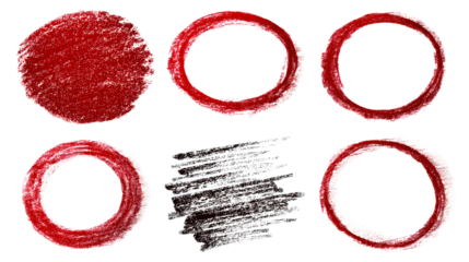 Collection of red and black crayon marks with circles and scribbles, cut out transparent