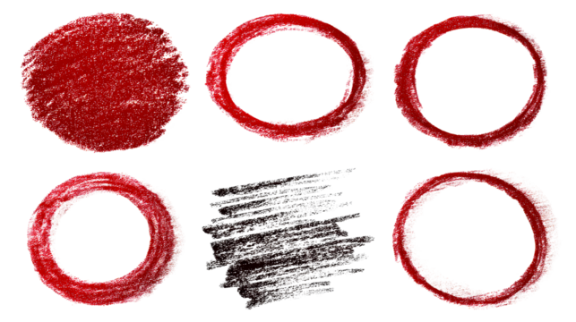 Collection of red and black crayon marks with circles and scribbles, cut out transparent