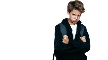 Angry young boy with backpack frowning and crossing arms on white background, cut out transparent