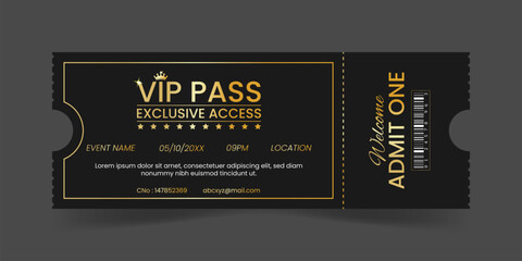 VIP Pass Exclusive Access Ticket Design Template in Elegant Gold Style for Event, Concert, Party, Festival