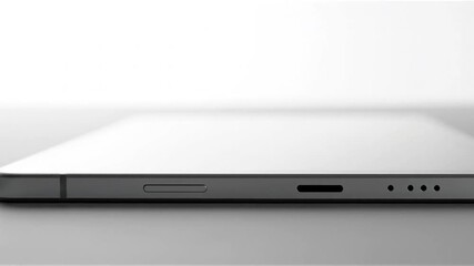 Close-up side view of a sleek, modern gray tablet computer resting on a table against a white background.