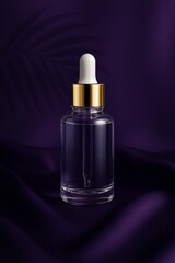  Glass dropper bottle mockup with gold lid on purple background