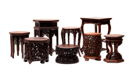 Collection of Antique Dark Wood Carved Pedestal Stands, cut out transparent