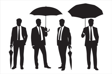 Black Silhouette People with Umbrellas – Editable Vector Illustrations