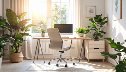 Fototapeta premium Bright Minimalist Home Office with Wooden Desk Ergonomic Chair and Lush Green Houseplants by the Window