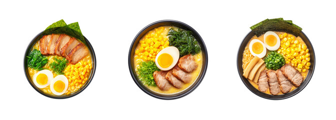 Three delicious ramen bowls with pork, egg, corn, spinach and nori PNG set Isolated on Transparent backround