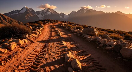 Stunning mountain landscape with dirt road leading to majestic peaks at golden hour sunset