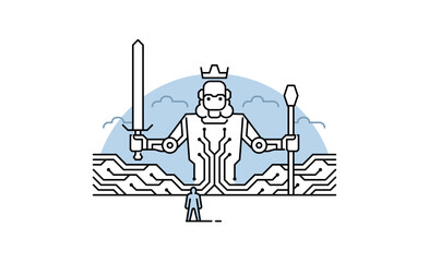 Robot giant artificial intelligence simple vector flat illustration in outline style, symbolizing the ethic and protection security of ai, as well as the risks threat associated with bad bias dark ai.