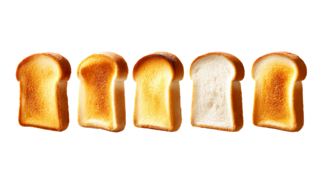 Five Toasted Bread Slices Arranged Side by Side on White Background, cut out transparent