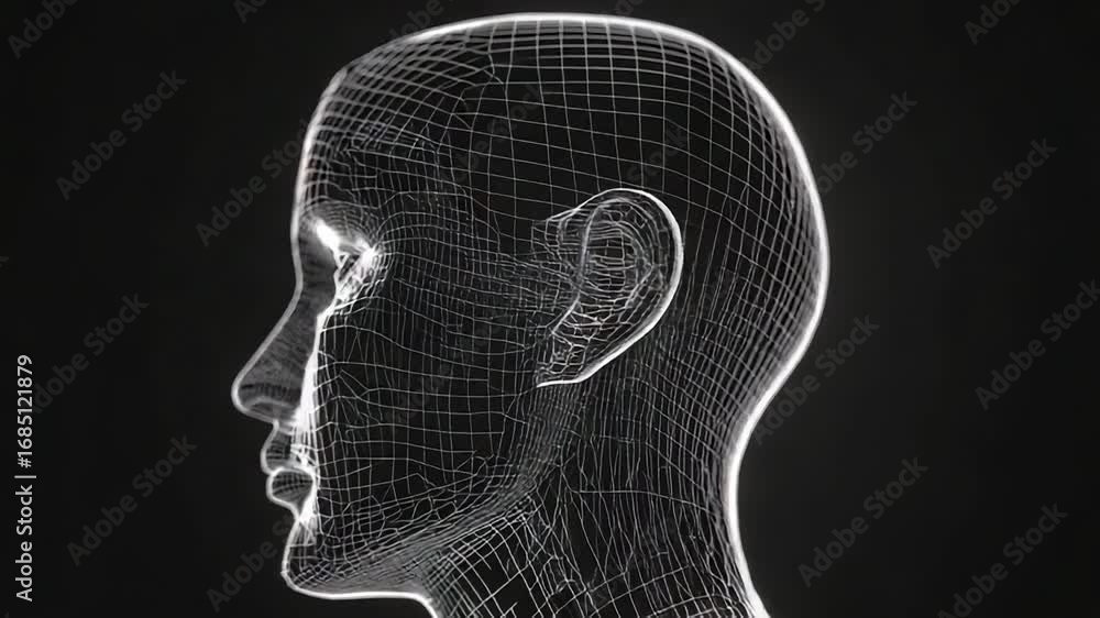 Poster wireframe human head rotating on black background representing artificial intelligence
