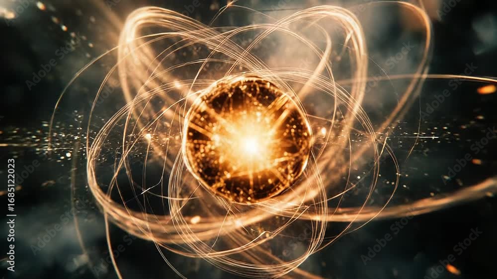 Poster golden atom rotating with electrons and particles on dark background