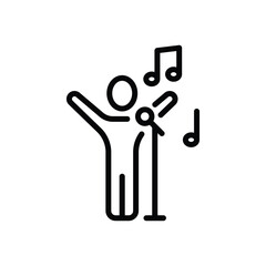 Line drawing of a singer with a microphone and music notes. Editable stroke. Vector illustration