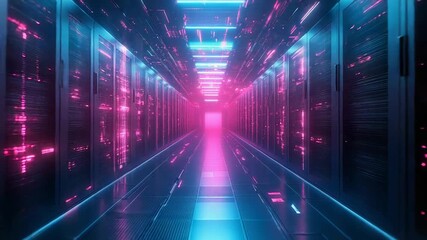 Futuristic server room with neon lights and data flowing - Powered by Adobe