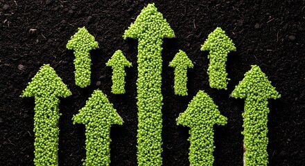 Green arrows made of sprouts symbolize growth and success emerging from dark fertile soil