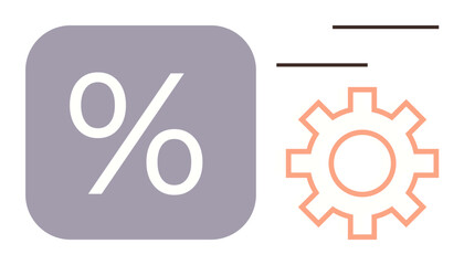 Gray percent sign in purple square next to orange gear with minimalistic lines. Ideal for finance, technology, optimization, automation, interest calculation, process improvement, simple flat