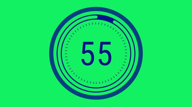 60-second (1-minute) sleek navy countdown with a rotating dashed inner ring, a pulsating outer circle, and a decreasing time gauge on a green screen. 4K Motion Graphics.