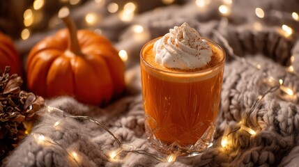 A glass of orange juice with whipped cream on top sits on a blanket