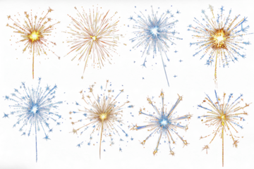 Happy New Year celebration party fireworks sparkler PNG set, cutout isolated on transparent background. Gold yellow and blue colors