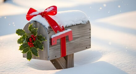 Festive holiday mailbox adorned with holly and ribbon welcomes winter mail in snowy scene