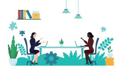 オフィスでビジネスについて会議をしているビジネスウーマン（白）　Businesswomen holding a meeting about business in the office (white)