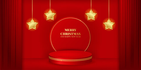 Naklejka premium Merry Christmas horizontal banner with golden stars, red curtains, round podium, holiday text. Elegant red and gold composition. Vector illustration for festive ads, product display and packaging