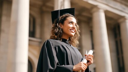 Woman university graduate standing confidently, wearing a black graduation gown and cap, holding a rolled up degree in hand against university on background - Powered by Adobe