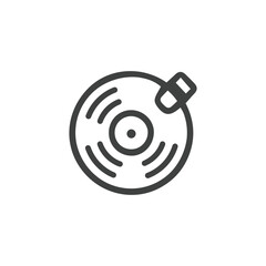 Outline of a vinyl record with concentric rings and a stylus arm. Editable stroke. Vector illustration