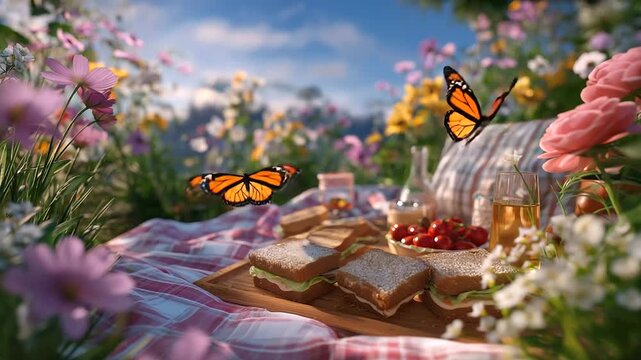 Grandparents prepare a picnic with their 8 year old grandkids in a meadow spreading blankets unpacking sandwiches and spotting butterflies fluttering around illustrated in a rel