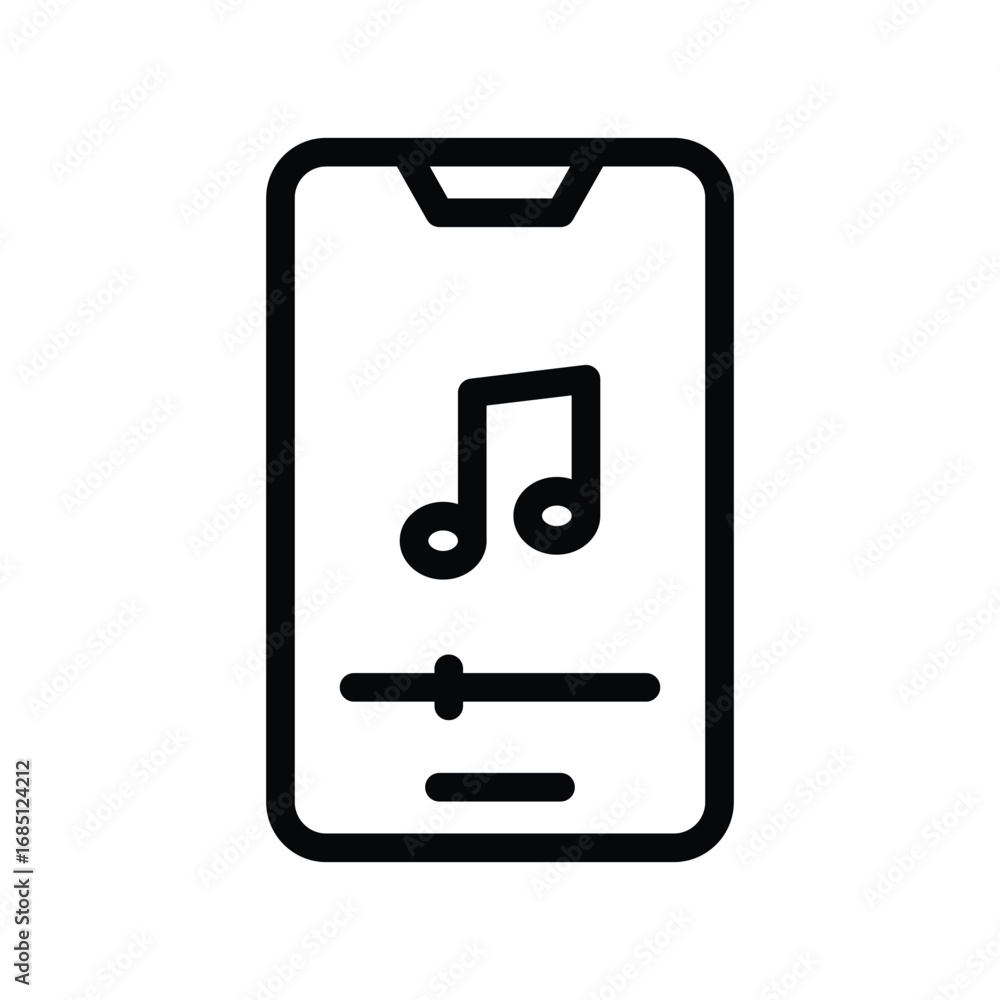 Aufkleber outlined smartphone icon displaying a music note above a slider and short line on the screen. editab