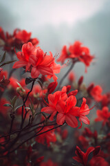 Close-up vertical portrait of blooming flame azalea flowers on a foggy mountain slope, soft natural tones.