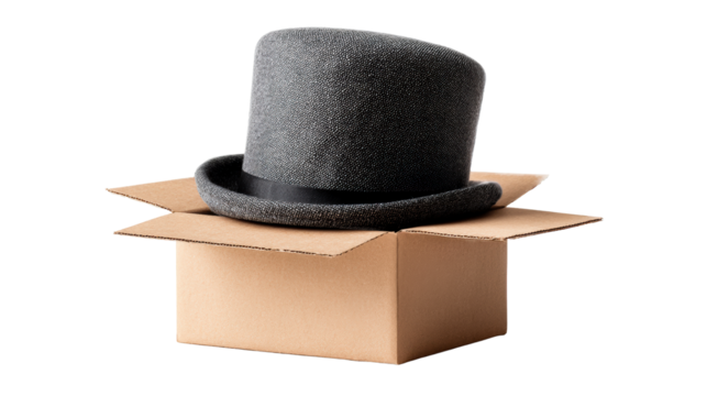 Textured grey top hat resting inside an open cardboard box on a white background, cut out transparent - Powered by Adobe