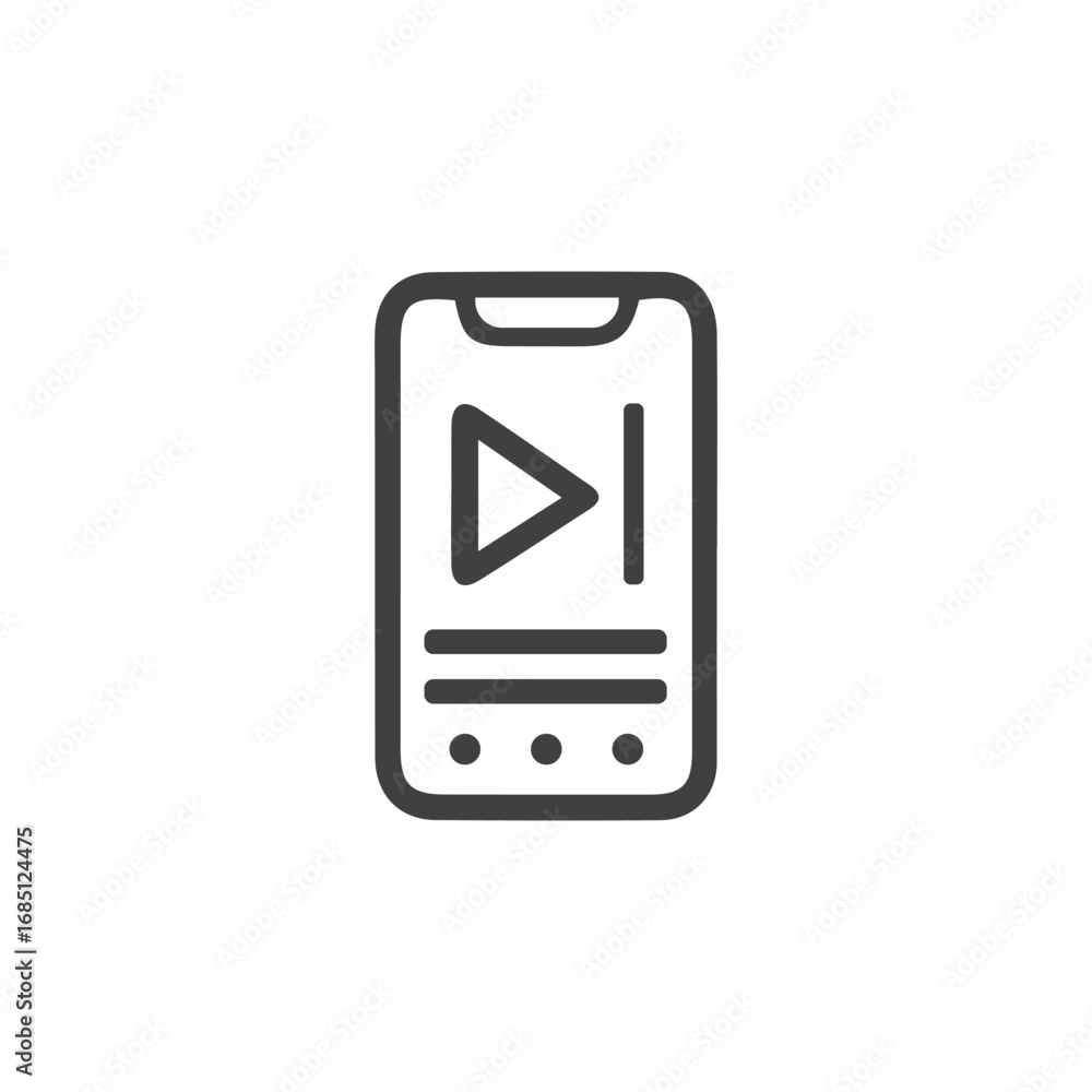 Poster stylized smartphone outline showing a play icon line dots and top notch. editable stroke. vector ill