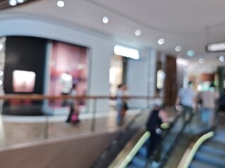 Abstract bokeh image of shopping mall interior with escalator and blurred lights.