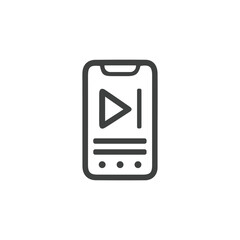 Stylized smartphone outline showing a play icon line dots and top notch. Editable stroke. Vector illustration
