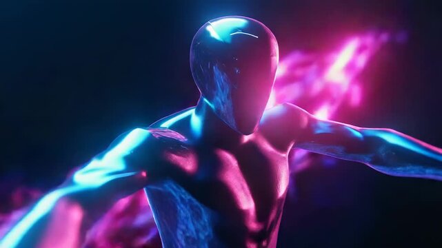 Metallic android superhero flying with futuristic neon lights