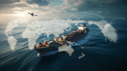 A large cargo ship moving through the ocean with a digital world map overlay showing global trade, Smart technology with global logistics partnership industrial container cargo freight ship	
 - Powered by Adobe