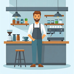 Flat Design Barista Character in Coffee Shop Illustration