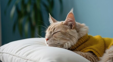 Close up Indoor Relaxed Maine Coon Cat Wearing Yellow Sweater