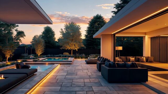 Modern luxury villa exterior with swimming pool illuminated at sunset surrounded by elegant outdoor furniture design