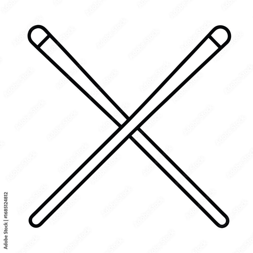 Poster two drumsticks crossed in an xshape with rounded tips and a simple black outline. editable stroke. v