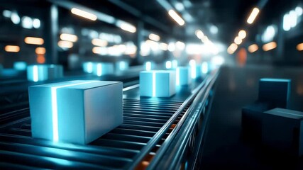 Glowing packages on the international express automatic assembly line are moving on the conveyor belt in modern warehouse with neon light	
 - Powered by Adobe