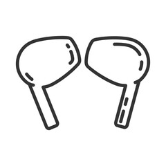 Two wireless earbuds outlined in black on a white background. Editable stroke. Vector illustration