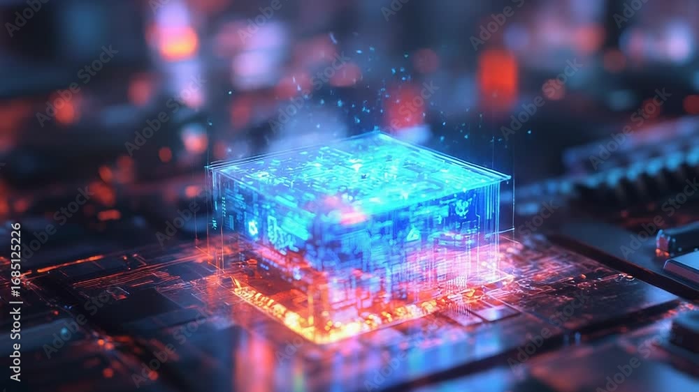 Poster quantum computing processor emitting holographic light on motherboard