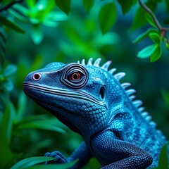Fototapeta premium An extreme close-up of a cosmic-themed iguana with a deep blues and purples metallic body, inspired by the Milky Way.