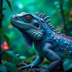 Fototapeta premium An extreme close-up of a cosmic-themed iguana with a deep blues and purples metallic body, inspired by the Milky Way.